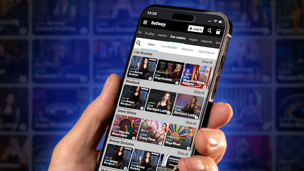 Betway Live Casino interface showcasing live dealer games including blackjack, roulette, baccarat, poker and more
