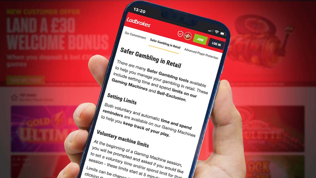 Ladbrokes safe gambling page with support features such as deposit limits, time management, and self-exclusion options