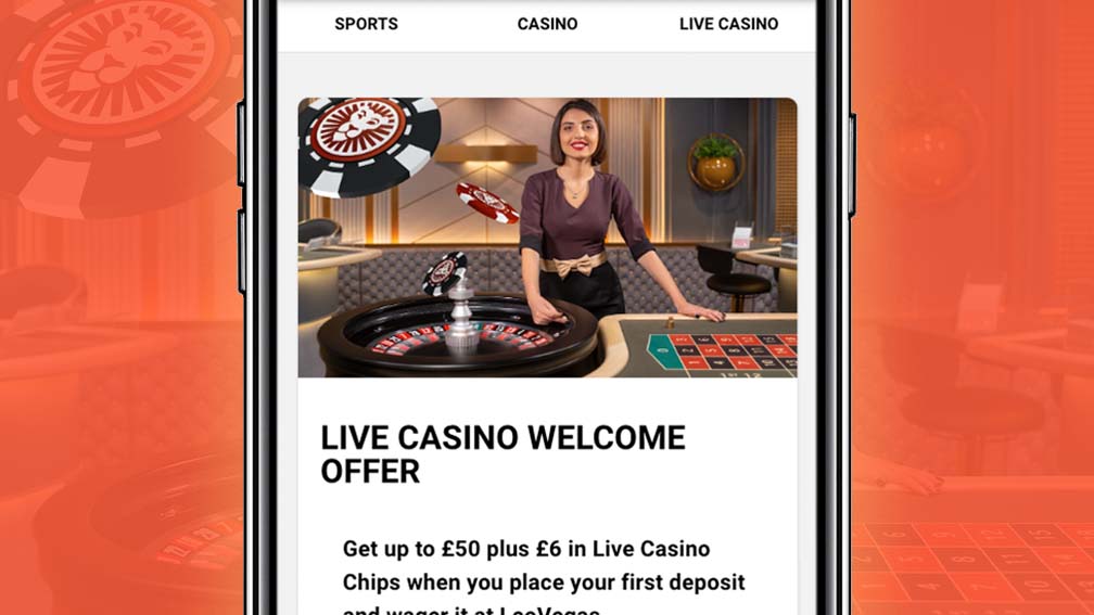 A phone acessing LeoVegas app on the live casino welcome offer page