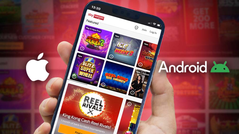 Sky Vegas mobile app displayed on smartphone featuring casino games and live betting options, available for iOS and Android
