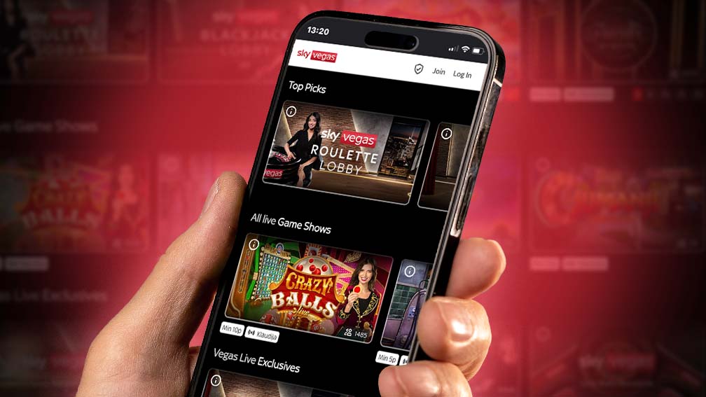 Sky Vegas Live Casino interface highlighting Top Picks, All Live Game Shows, and Vegas Live Exclusives with real dealers and table games like roulette
