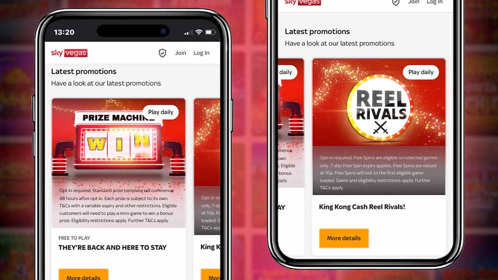 Sky Vegas Prize Machine and Reels Rivals bonus promotions offering daily rewards such as free spins and casino bonuses
