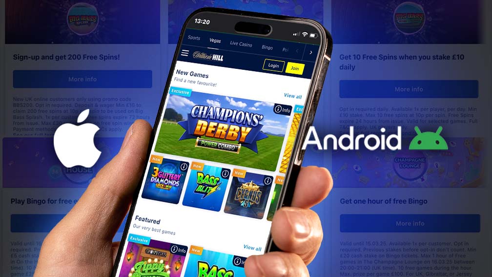 William Hill mobile app interface displayed on a smartphone, available for iOS and Android
