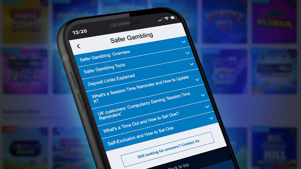 Safe gambling page on William Hill's platform featuring deposit limits, time tracking, and self-exclusion options