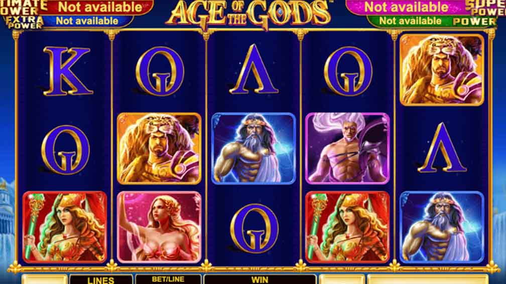 Age of the Gods game demo showing the line value, line bet value, potential winnings, and game symbols