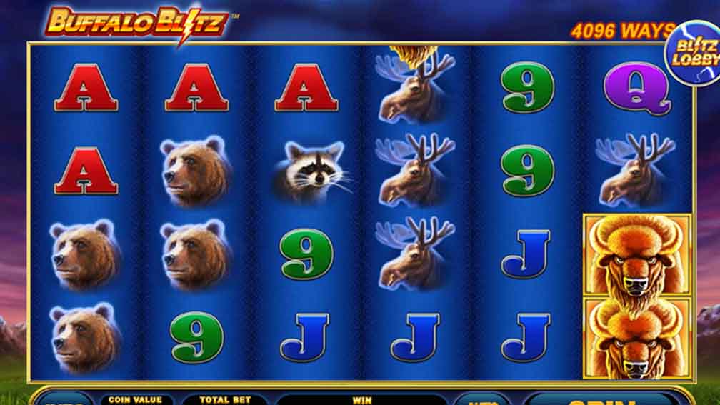 Buffalo Blitz game demo showing the line value, line bet value, potential winnings, and game symbols.