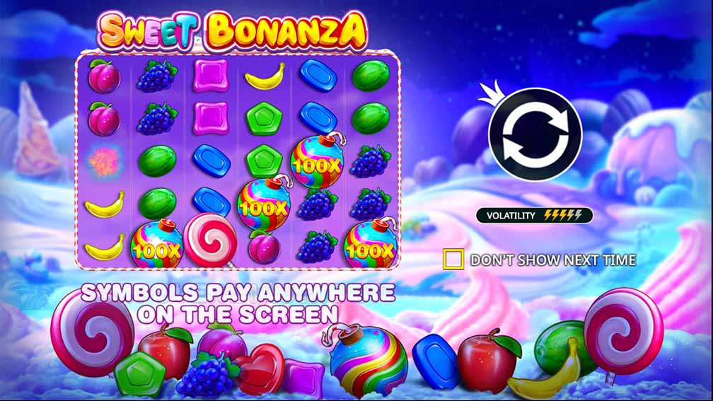 Screenshot of Sweet Bonanza slot interface showing the game symbols